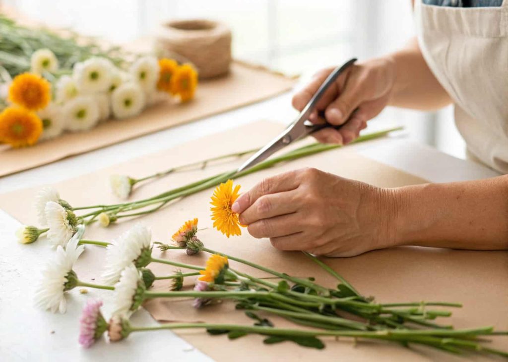 Hands trimming flower stems with small scissors, flowers laid out neatly, close-up macro shot, bright natural background, clean craft table setting.