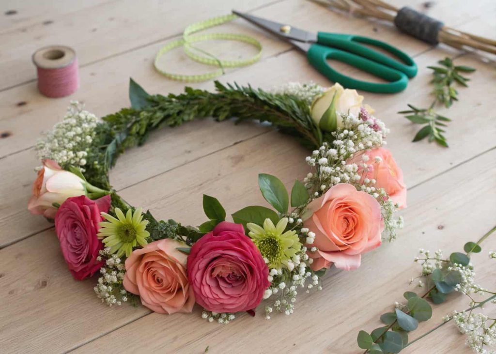 A half-finished flower crown on a wooden surface showing layered flowers — greenery base, then roses, then baby's breath on top, natural daylight, artistic flat lay.