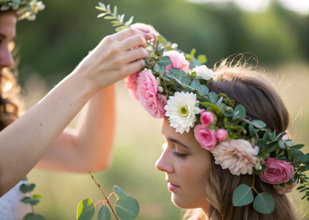 Close-up of a flower crown being decorated with eucalyptus and small green leaves tucked between pink and white flowers, natural outdoor lighting, soft green tones.