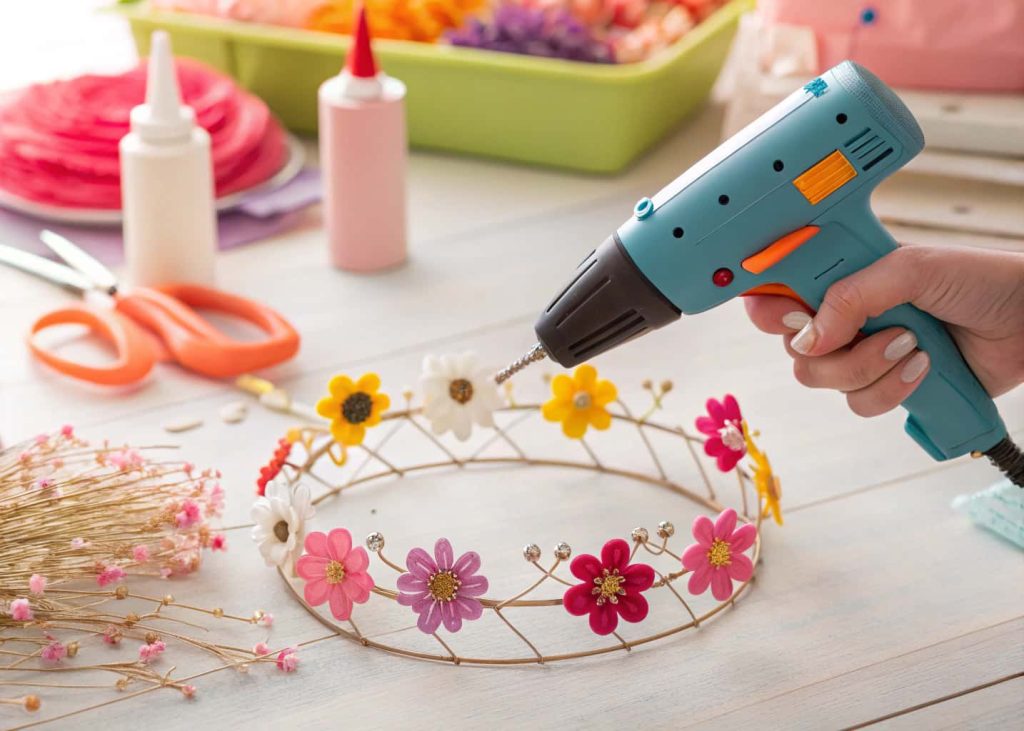 A hot glue gun being used to attach a small flower onto a wire crown base, crafting table with colorful flowers in background, close-up lifestyle shot, warm light.