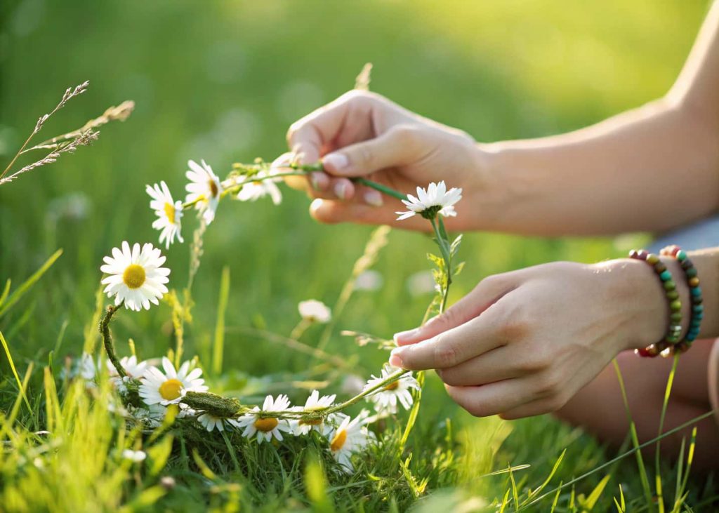 Hands making a daisy chain flower crown on a green grassy field, close-up of fingers threading daisy stems together, natural sunlight, fresh and cheerful summer mood.