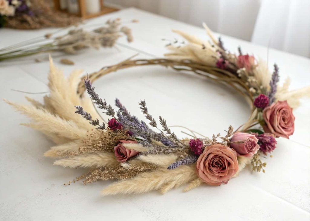 A beautiful dried flower crown with lavender, pampas grass, and dried roses resting on a white surface, vintage warm tones, soft natural light, minimalist styling.