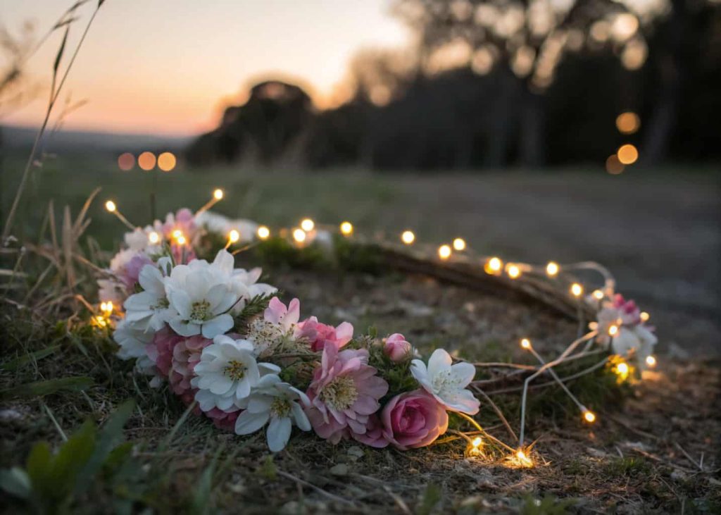A flower crown with tiny glowing fairy lights woven between white and pink flowers, worn at dusk outdoors, magical bokeh light effect, golden hour photography.
#FairyLightCrown#MagicalCrown#GlowCrown#PartyFlowers