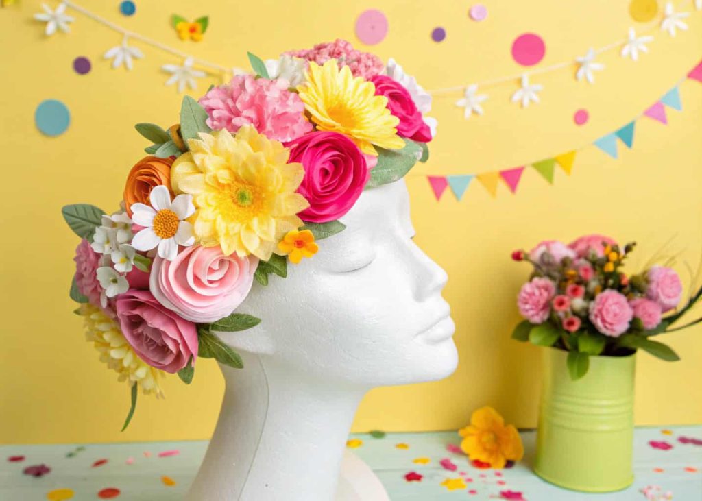 A vibrant artificial flower crown made with silk flowers in pink, yellow, and white, displayed on a mannequin head, bright studio background, colorful and cheerful style.