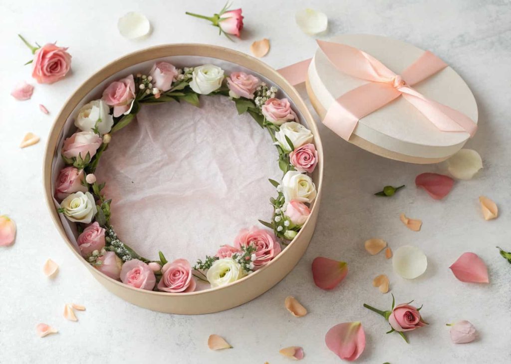 A flower crown gently placed inside a round hat box lined with tissue paper, surrounded by a few loose flower petals, soft and delicate styling, pastel tones, top-down view.