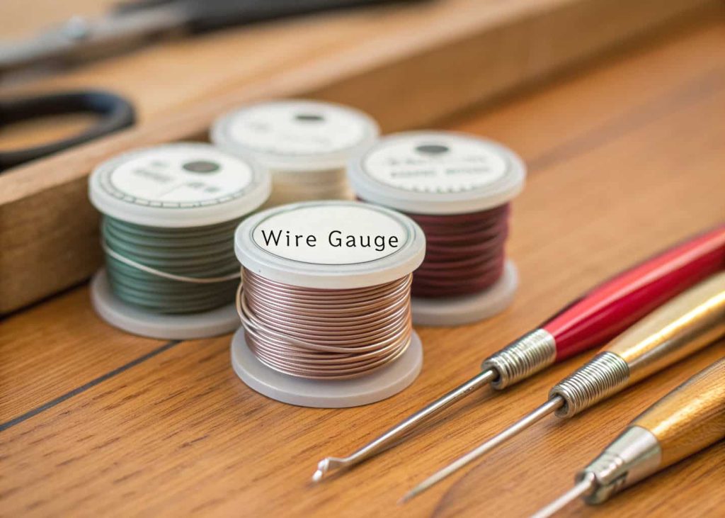 Various wire gauges labeled and arranged side by side on a wooden craft table with beading tools nearby, close-up shot.