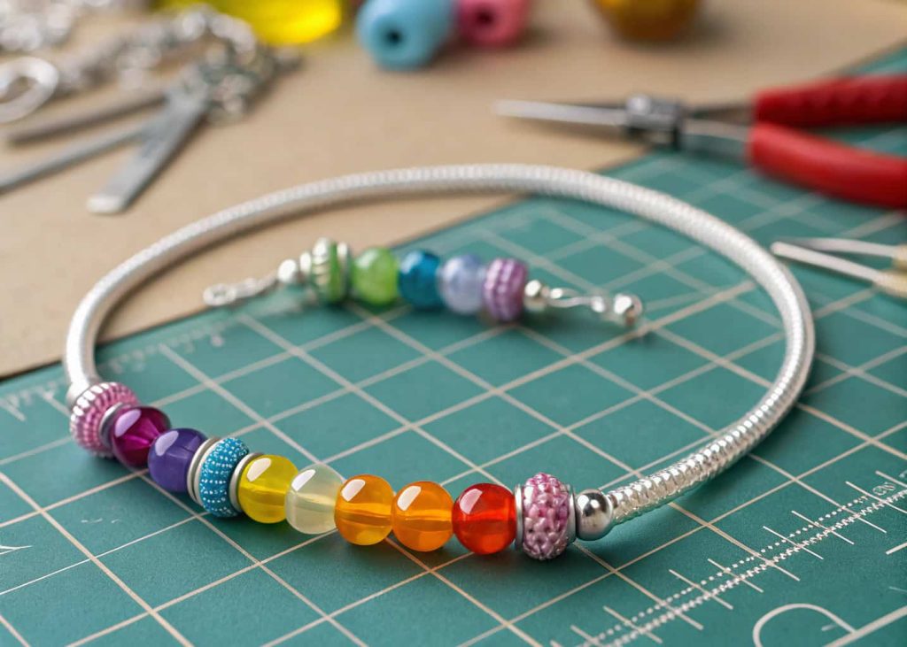 Close-up of colorful beads pre-strung on a silver wire laid on a craft mat, bright studio lighting, macro photography.