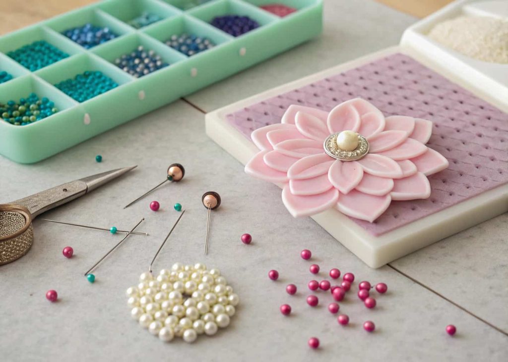 A beading foam mat with a partially made bead flower, pins holding wire petals in place, top-down view, natural light.