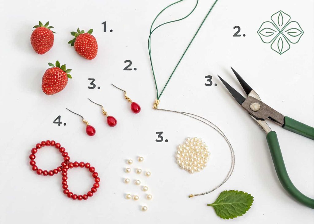 Step-by-step flat lay showing French beading technique stages on a white background, simple diagram style, craft tutorial photography.