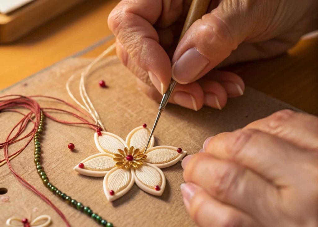 Hands close-up pulling wire tight around a bead petal in progress, macro photography, warm natural lighting, craft setting.