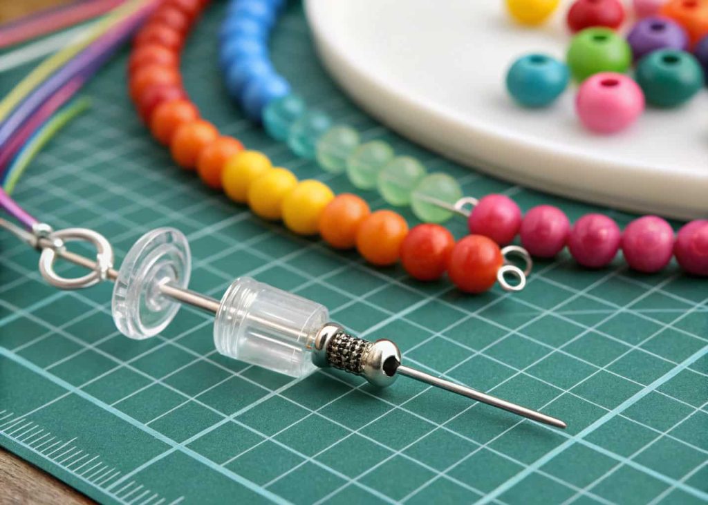Macro photo of a stopper bead on the end of a wire with colorful beads behind it on a craft mat.