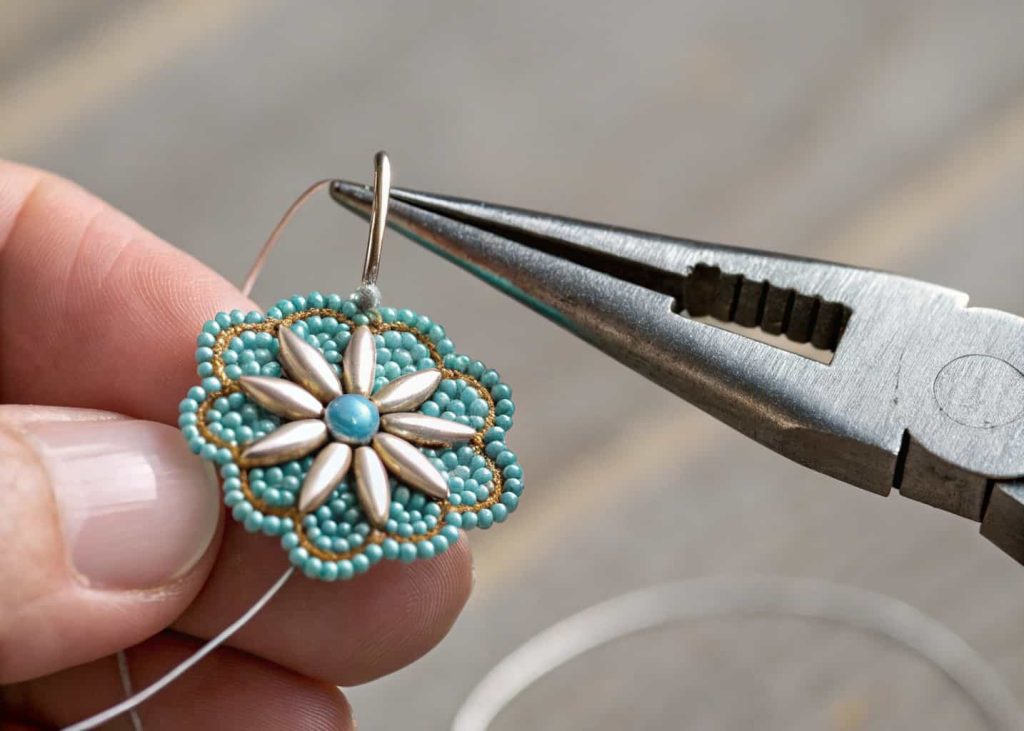 Needle-nose pliers gripping a small wire loop on a bead petal, close-up macro shot, blurred craft background.