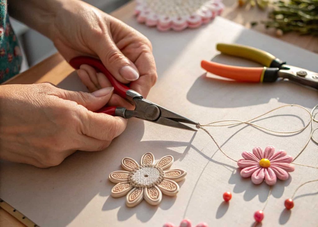 Hands cutting wire with flush wire cutters on a craft table beside a bead flower, natural daylight, close-up shot.