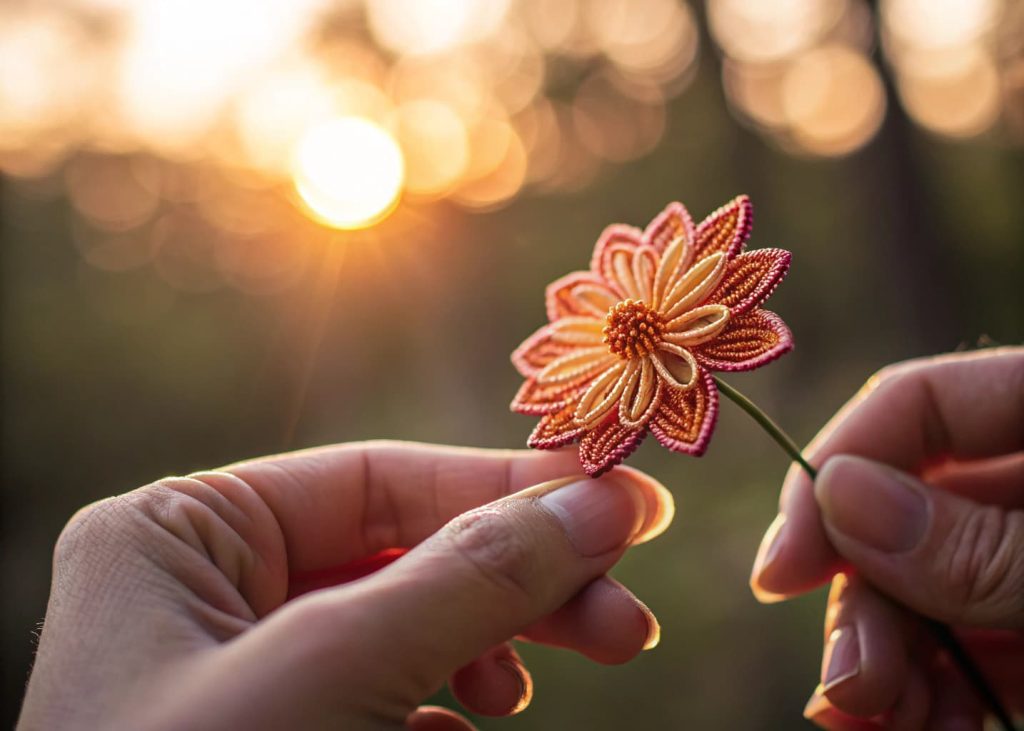 Fingers gently curving a finished bead flower petal into shape, warm background bokeh, macro craft photography.