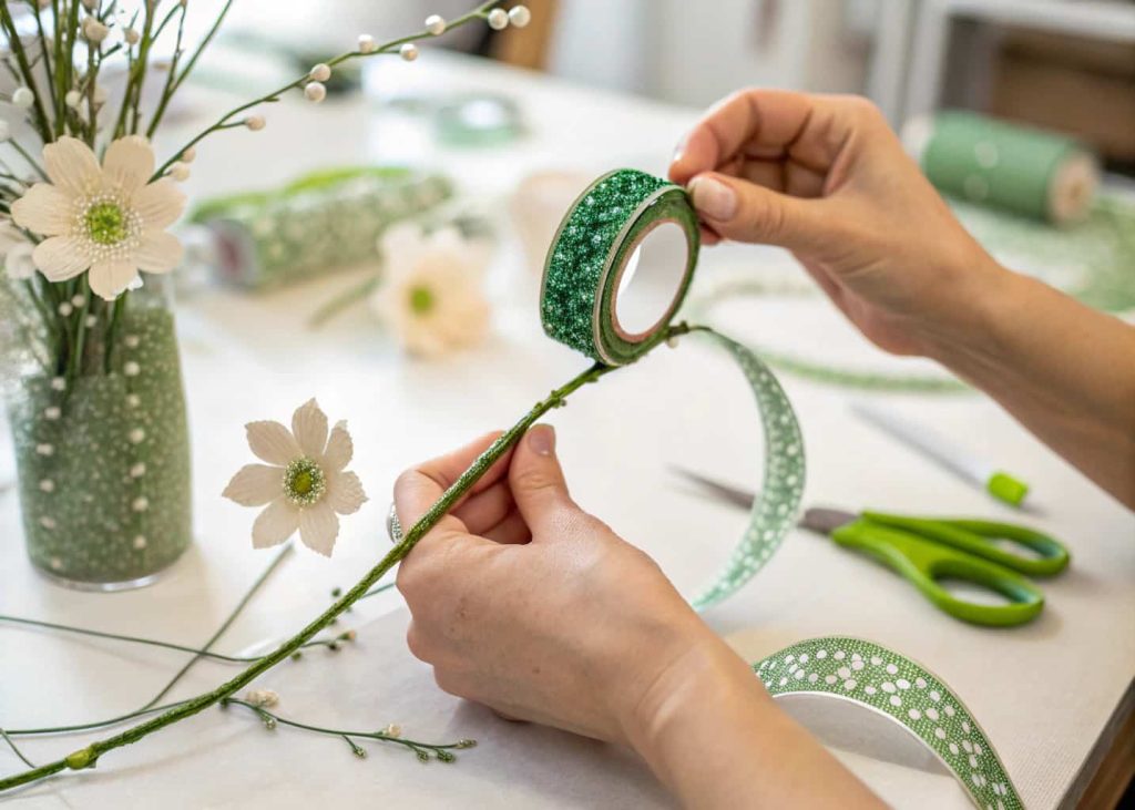 Hands wrapping green floral tape around the wire stem of a bead flower, close-up, craft workshop setting, natural light.