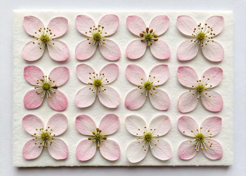 Ten identical bead flower petals arranged in a neat grid on a white foam board, practice repetition concept, flat lay craft photo.