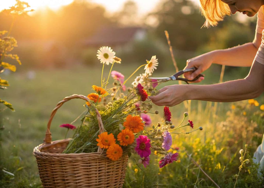 A person cutting colorful wildflowers from a sunny backyard garden in the morning light, with daisies, marigolds, and cosmos in a wicker basket on the grass, warm golden hour photography style.