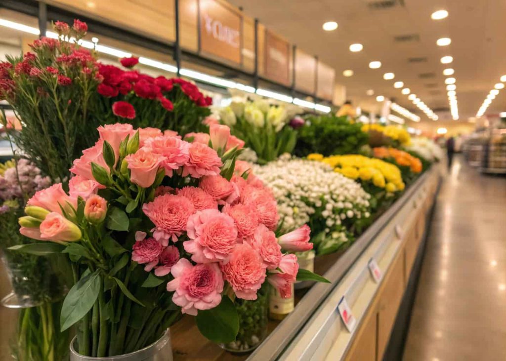 Close-up of budget grocery store flower bunches including carnations, alstroemeria, and spray roses displayed in a bright supermarket floral section, vibrant colors, natural lighting.