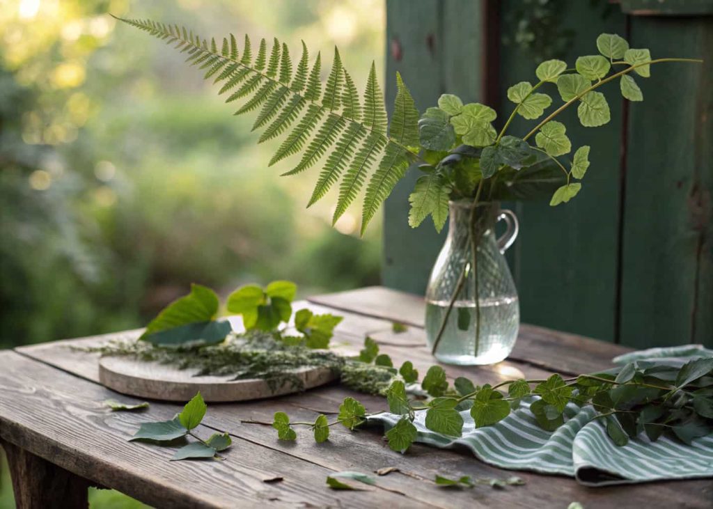 A rustic wooden table with fresh eucalyptus branches, fern leaves, mint sprigs, and ivy vines arranged loosely next to a glass vase, soft natural light, botanical aesthetic.