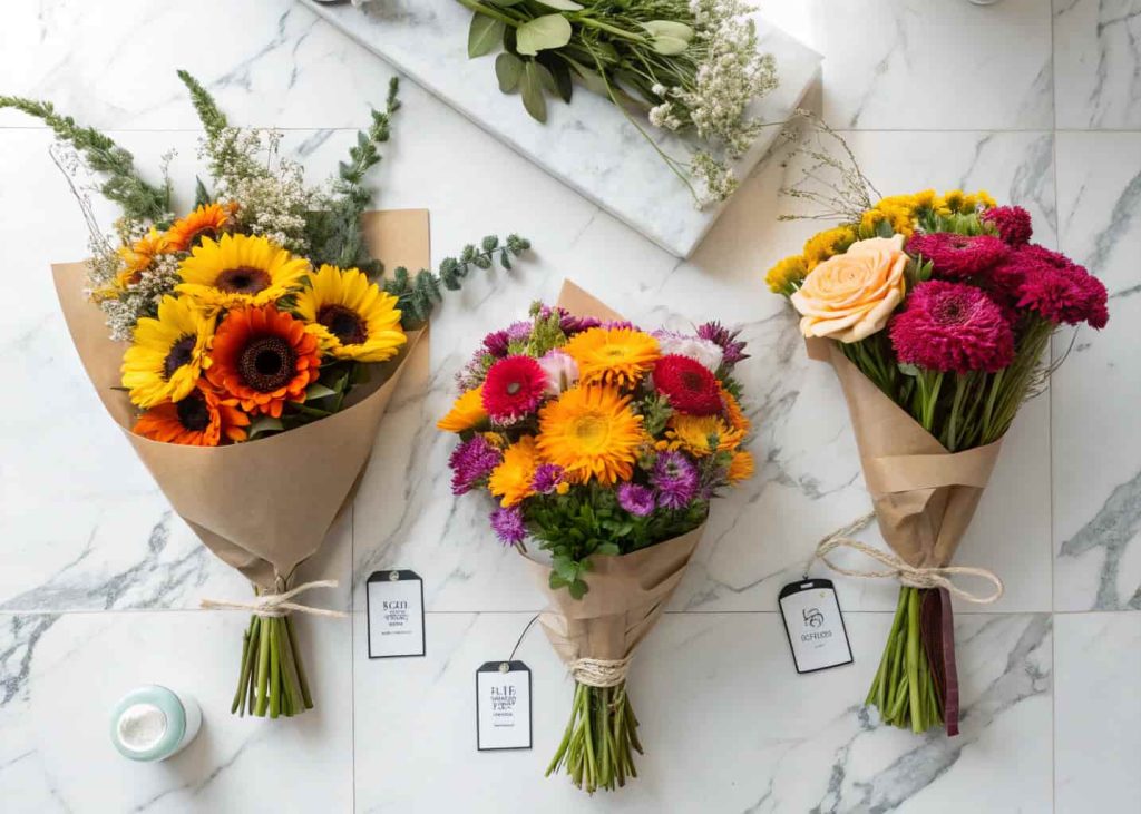 Several colorful market bunches of sunflowers, chrysanthemums, and statice laid out on a white marble counter, price tags visible, bright natural light, top-down flat lay photography.