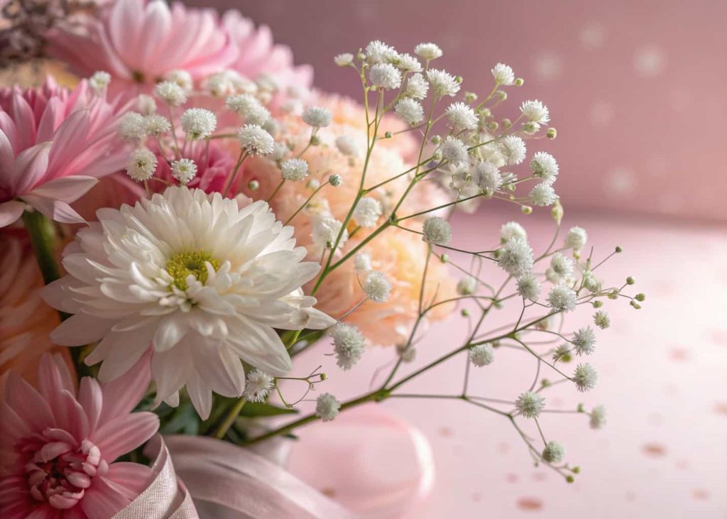 A soft white baby's breath bunch being tucked into a colorful flower bouquet on a light pink background, dreamy and romantic photography style, close-up shot.