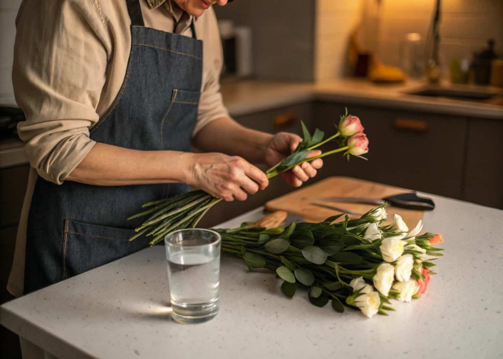 A person carefully trimming stems from a slightly wilted bouquet next to a glass of fresh water on a kitchen counter, selective focus on hands and flowers, warm indoor lighting.