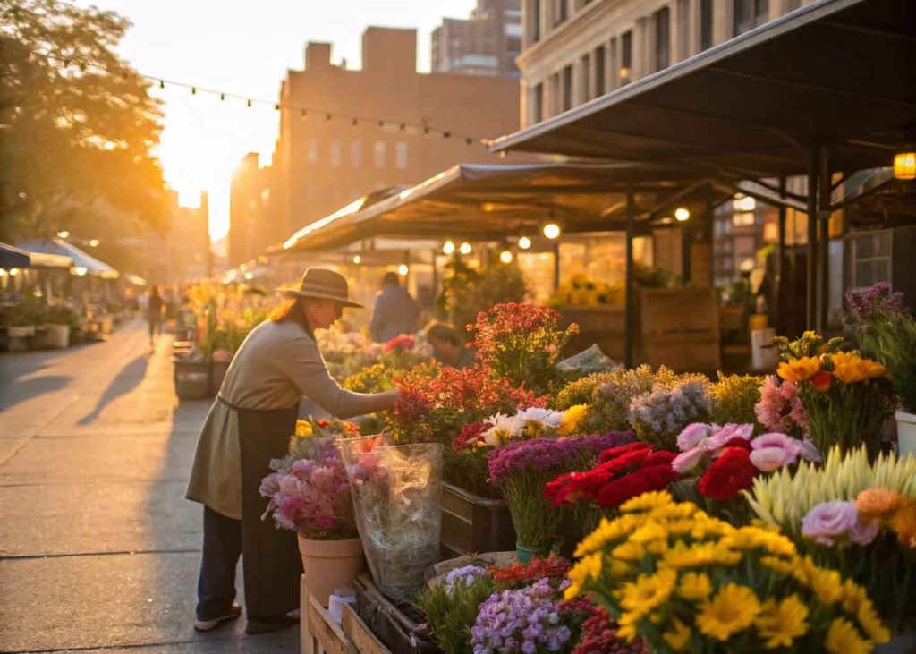 A vibrant farmers market flower stall near closing time with a vendor offering discounted bunches of fresh local flowers, warm late afternoon sunlight, candid and lively photography style.