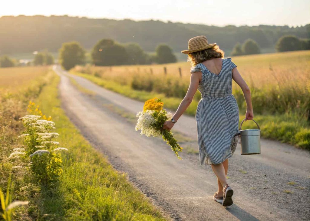A woman walking along a sunny countryside road picking wildflowers like Queen Anne's lace and goldenrod into a small tin pail, wide open field in the background, bright summer day, editorial photography style.