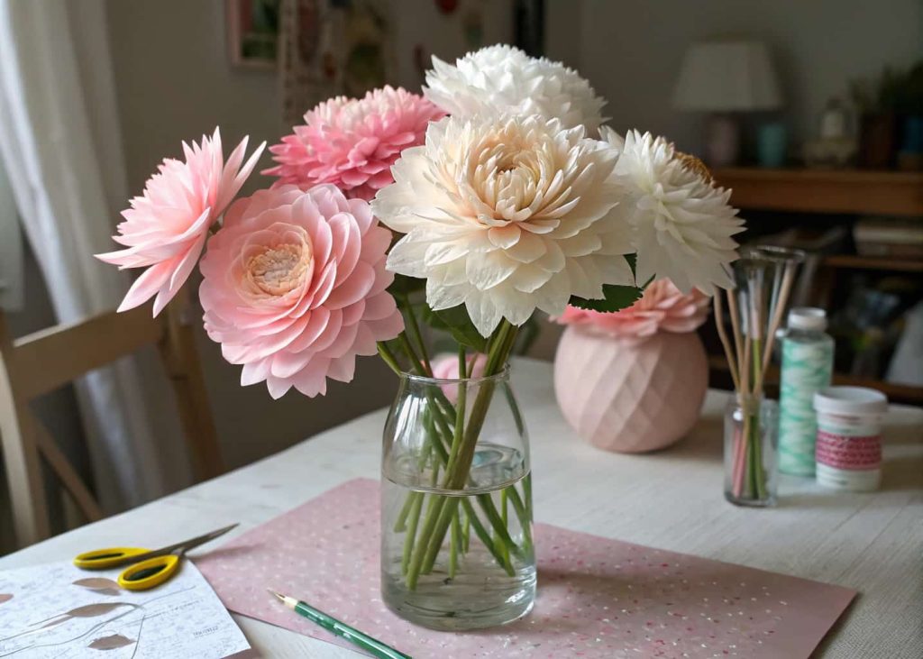 Handmade crepe paper peonies and tissue paper dahlias in soft pink and white arranged in a clear glass vase on a craft table, art supplies in background, soft diffused lighting.