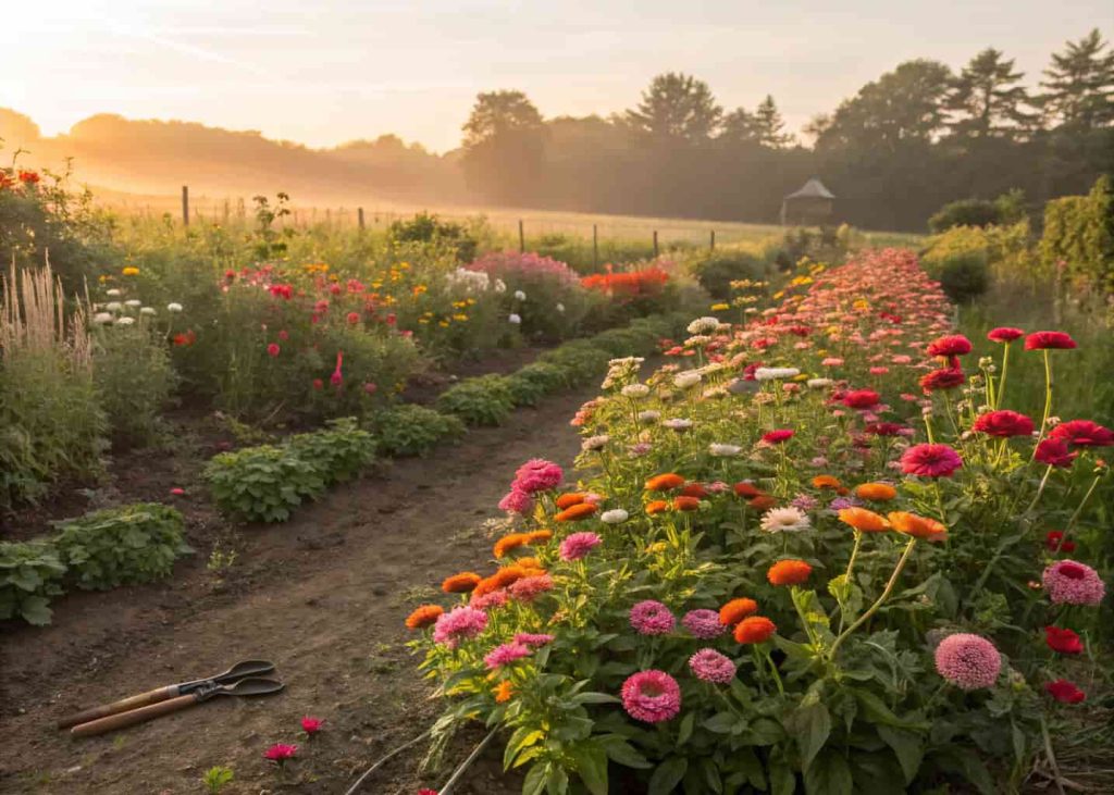 A lush small cut flower garden in full bloom with rows of zinnias, cosmos, and snapdragons in bright colors, a pair of garden scissors resting on the soil, golden hour sunlight, gardening lifestyle photography.