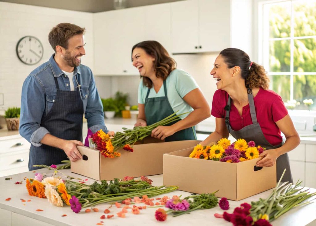 A group of friends dividing large boxes of fresh wholesale flowers on a bright kitchen table, laughing and arranging stems, colorful blooms everywhere, casual lifestyle photography.