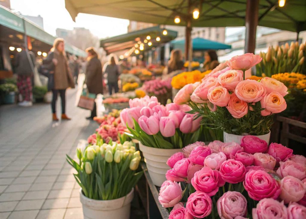 A seasonal spring flower market stall overflowing with affordable tulips, peonies, and ranunculus in pastel colors, shoppers browsing in the background, bright outdoor light, lively market atmosphere.