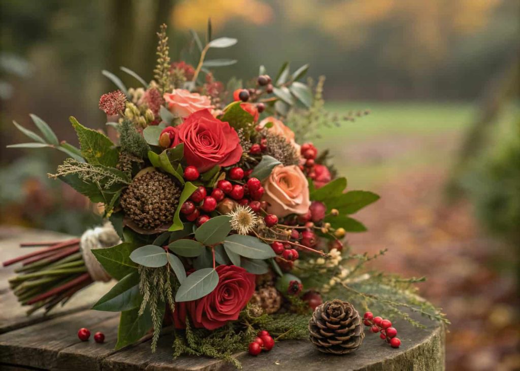 A lush flower bouquet featuring hypericum berries, dried seed pods, and small rosehips nestled among garden roses and greenery, editorial-style photography, rich warm tones, luxurious botanical aesthetic.