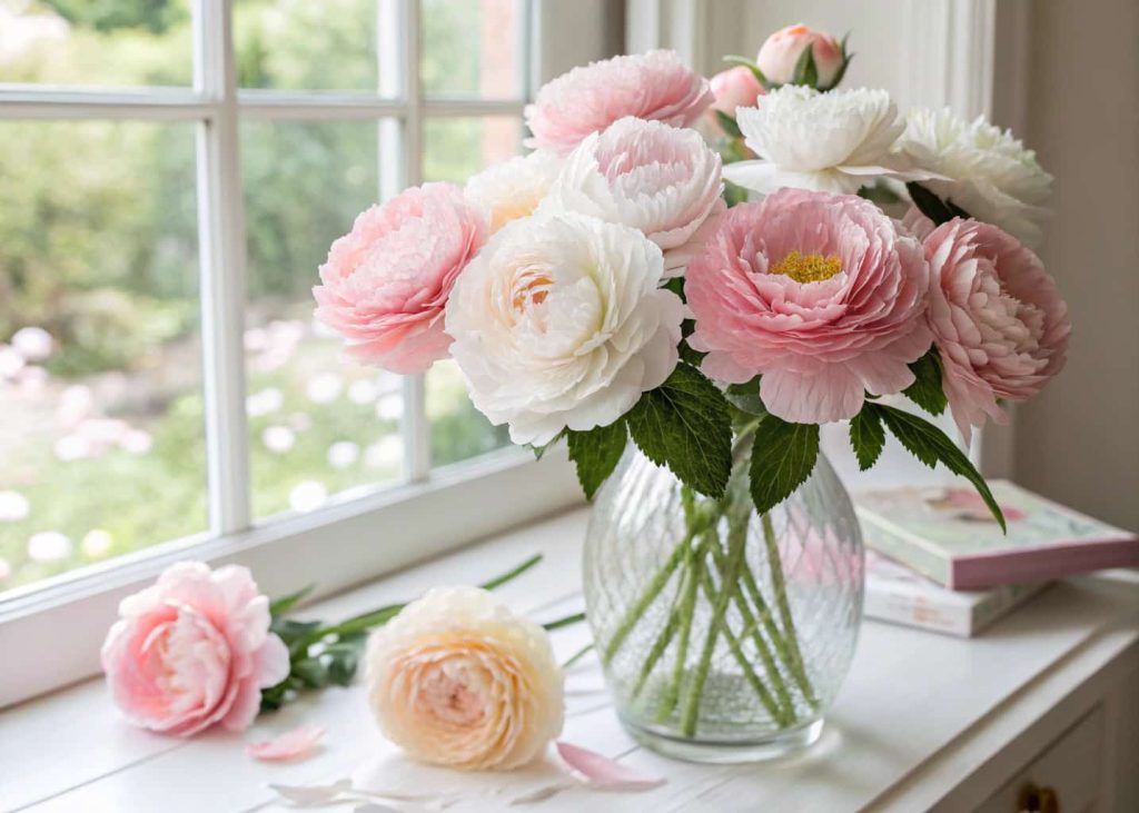 Realistic handmade crepe paper peonies in soft blush pink and white arranged in a clear glass vase, natural daylight streaming through a window, botanical photography style, elegant and airy atmosphere.