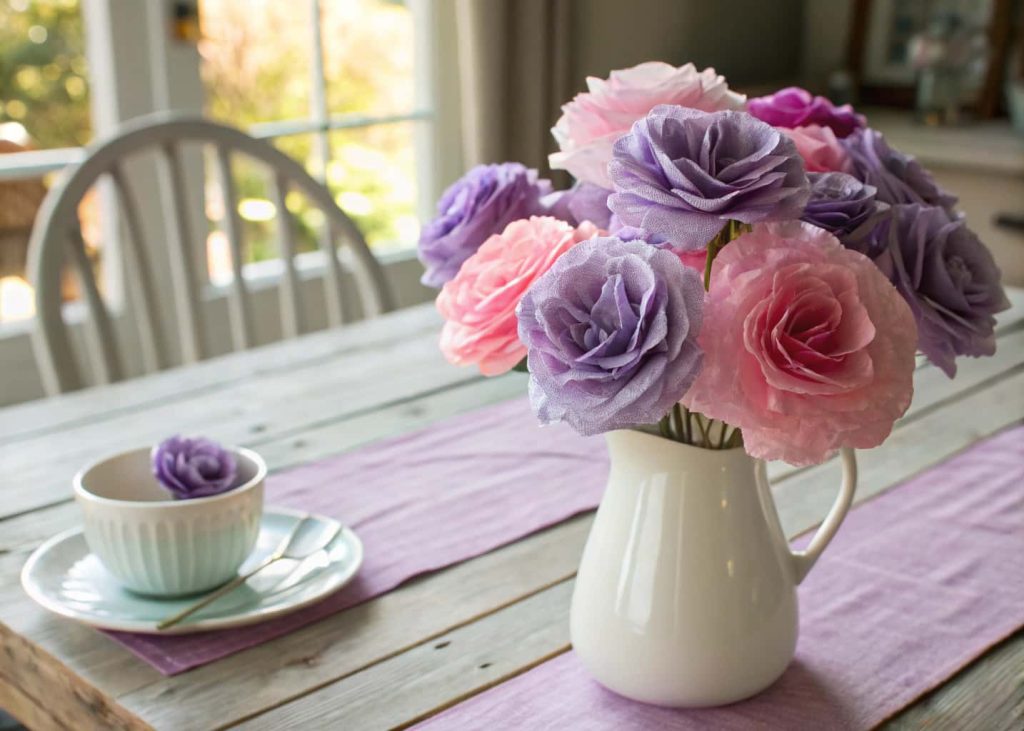  Watercolor-dyed coffee filter flowers in pastel purple and pink hues arranged in a small white ceramic vase on a wooden farmhouse table, soft natural light, rustic and cozy home decor aesthetic.
