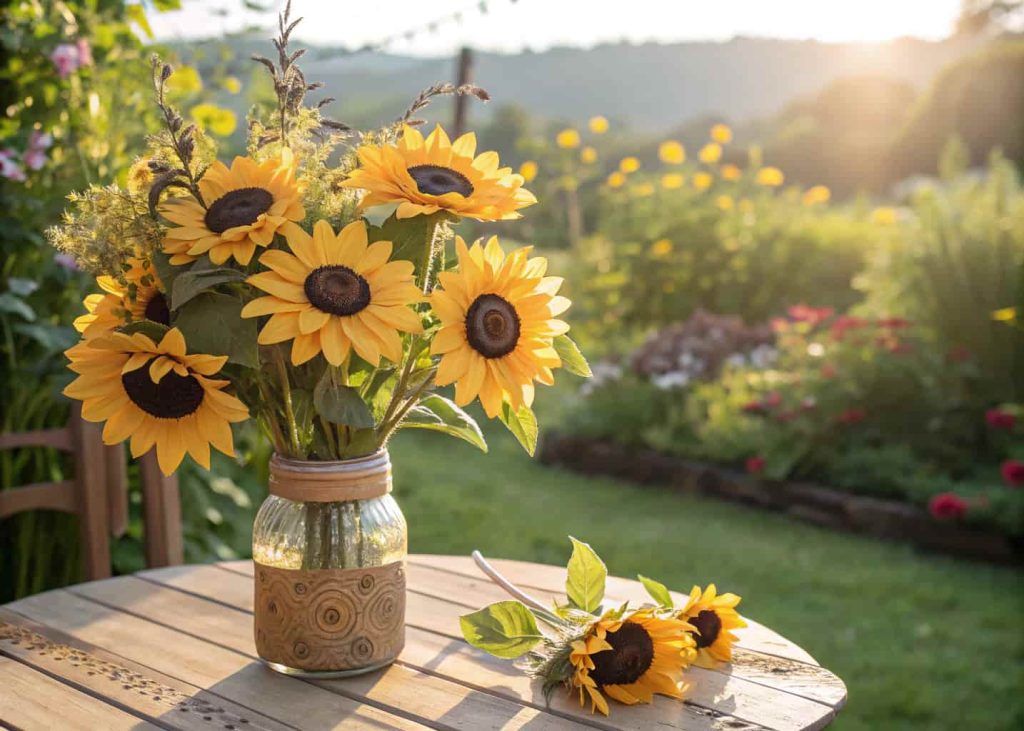 A bouquet of handmade paper sunflowers with bright yellow petals and dark brown centers placed in a rustic mason jar on a wooden table, sunlit garden background, warm summer light, joyful and vibrant atmosphere.