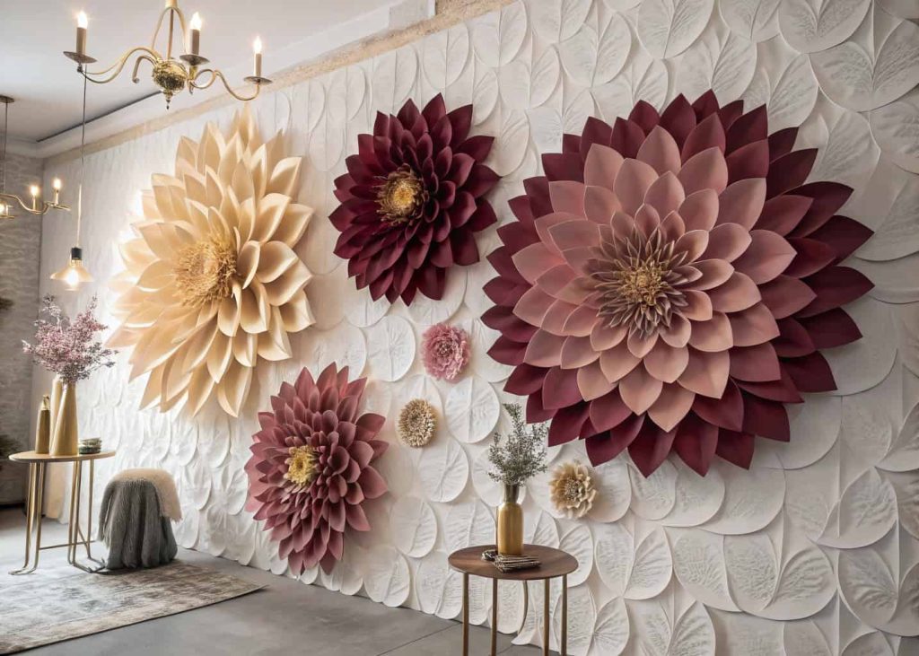 A stunning paper dahlia wall installation featuring giant flowers in shades of dusty rose, burgundy, and gold arranged on a white textured wall, soft moody lighting, editorial interior design photography style, luxury event backdrop.