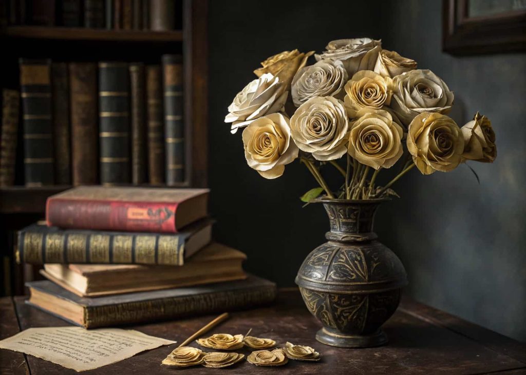  A creative arrangement of handmade flowers crafted from rolled and twisted newspaper pages, sprayed with gold paint, arranged in a dark vintage vase on a library desk surrounded by old books, dramatic moody lighting.