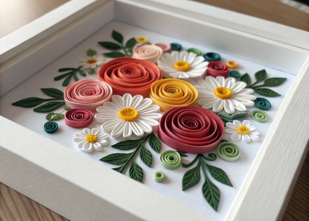 An intricate quilling paper flower artwork featuring colorful coiled paper roses and daisies framed in a white shadow box, bright gallery lighting, close-up macro photography, elegant and artistic fine craft aesthetic.