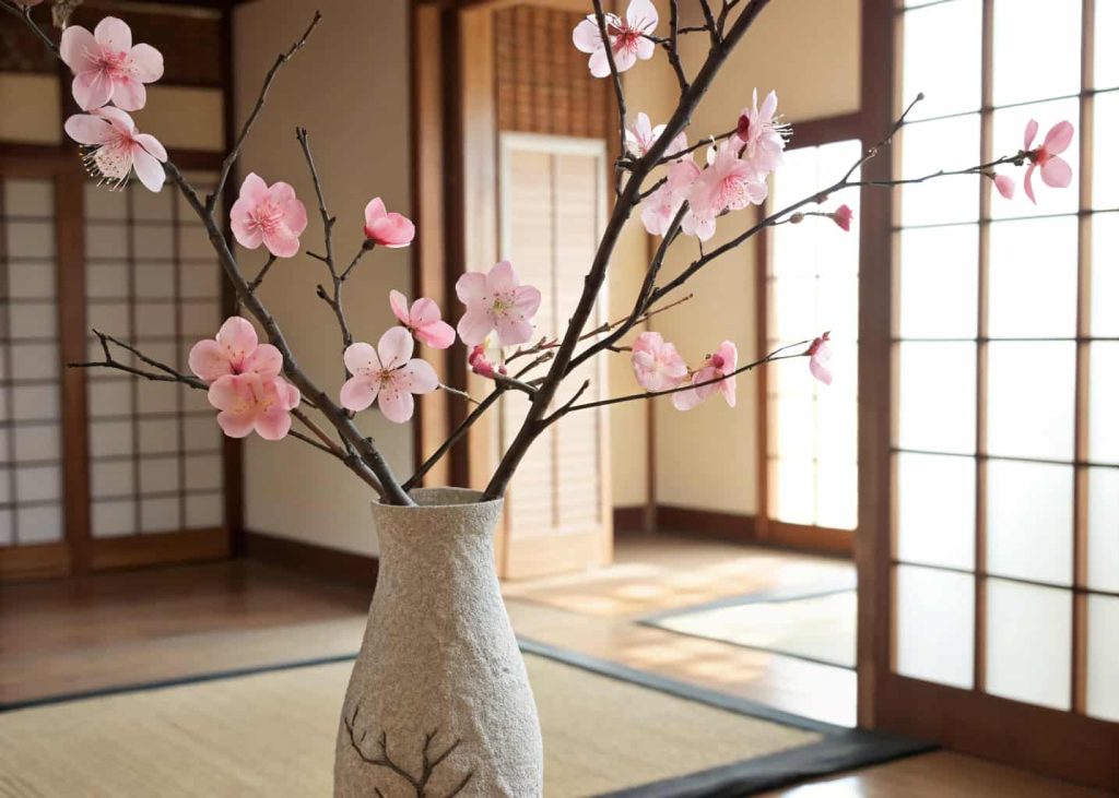 Delicate handmade paper cherry blossoms in soft pink attached to dark bare branches arranged in a tall ceramic vase, minimalist Japanese interior background, soft natural light, serene and tranquil atmosphere.