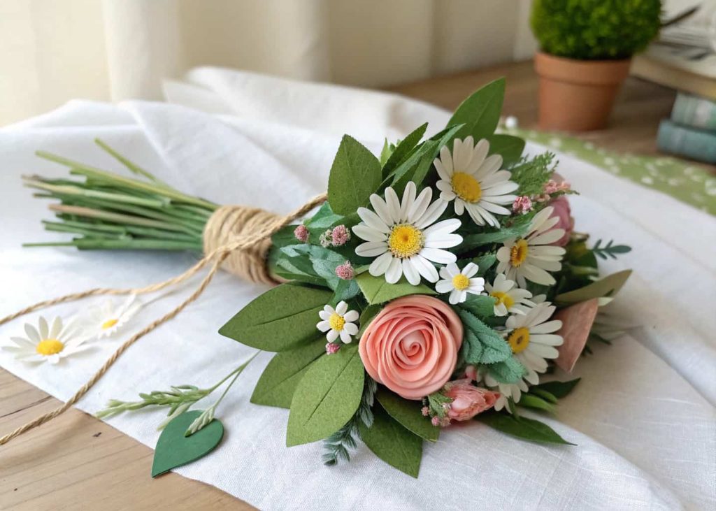 A loose and charming handmade paper wildflower bouquet with daisies, tiny roses, and green paper leaves tied with natural twine, placed on a white linen cloth, bright airy background, countryside cottage aesthetic, soft focus.