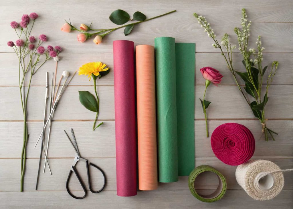 A flat lay of various flower-making materials, including crepe paper rolls, scissors, wire stems, and felt sheets, arranged neatly on a wooden table with soft natural lighting.