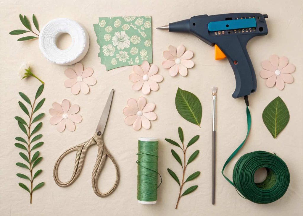A neatly organized craft table with scissors, hot glue gun, floral wire, green floral tape, and petal templates laid out in an orderly way on a light-colored surface.