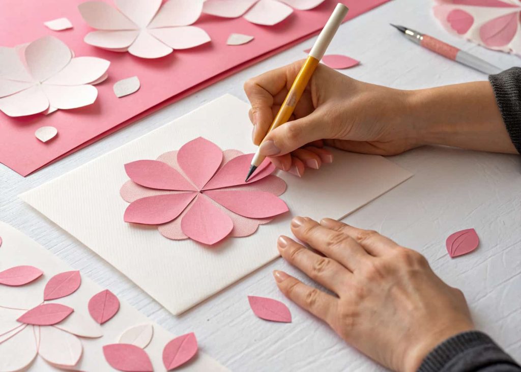 Close-up of hands tracing a petal-shaped cardstock template onto pink crepe paper with a pencil, surrounded by cut-out petals of different sizes on a white craft mat.
