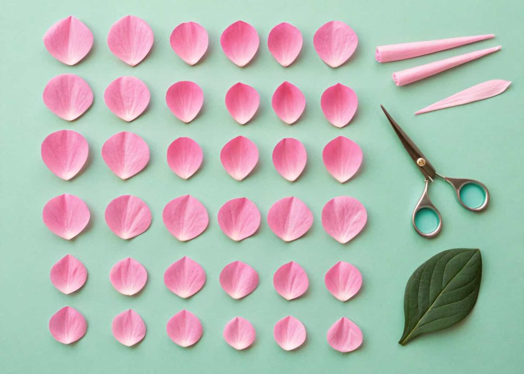 An overhead shot of neatly cut flower petals in three different sizes arranged in rows on a pastel green background, made from soft pink tissue paper, with small scissors beside them.