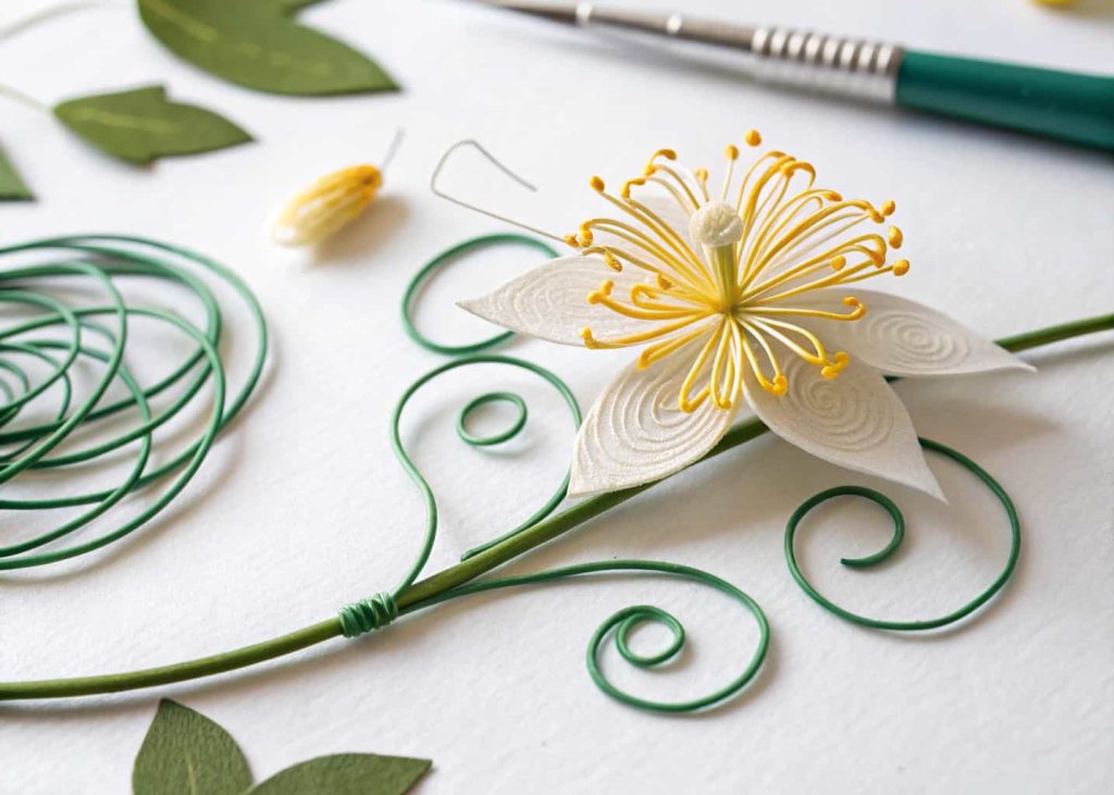 A close-up of a flower center being assembled with yellow paper stamens twisted around a green floral wire stem, on a clean white background with soft shadows.