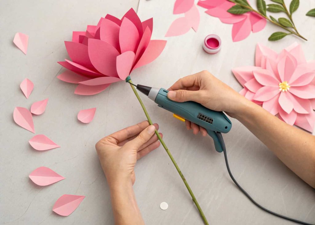 A pair of hands attaching pink paper petals one by one to a flower stem using a hot glue gun, with a partially assembled flower visible and more petals ready to be added nearby.