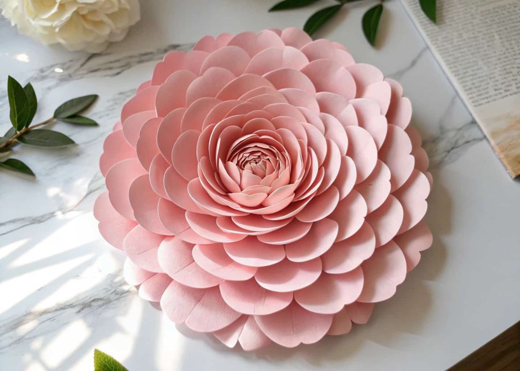 A lush handmade paper peony with multiple full layers of soft blush pink petals, photographed from above on a white marble surface with natural daylight streaming in from the side.
