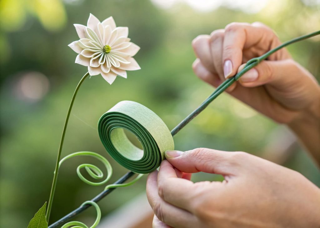 Close-up of hands wrapping a green floral tape around a wire flower stem in a neat spiral, with a finished paper flower bloom visible at the top and a blurred green background.