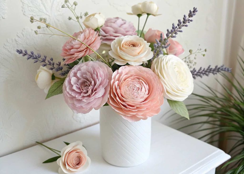 A gorgeous handmade paper flower arrangement in a white ceramic vase featuring blush peonies, cream roses, and pale lavender filler flowers at different heights, photographed against a soft white wall.